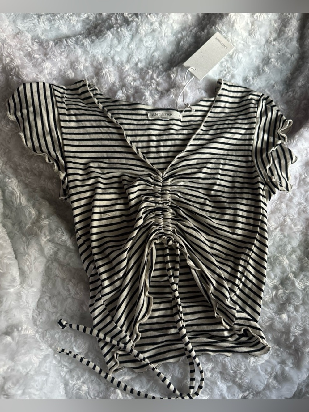Antistar Black & Cream Striped Ruched Front Crop Top